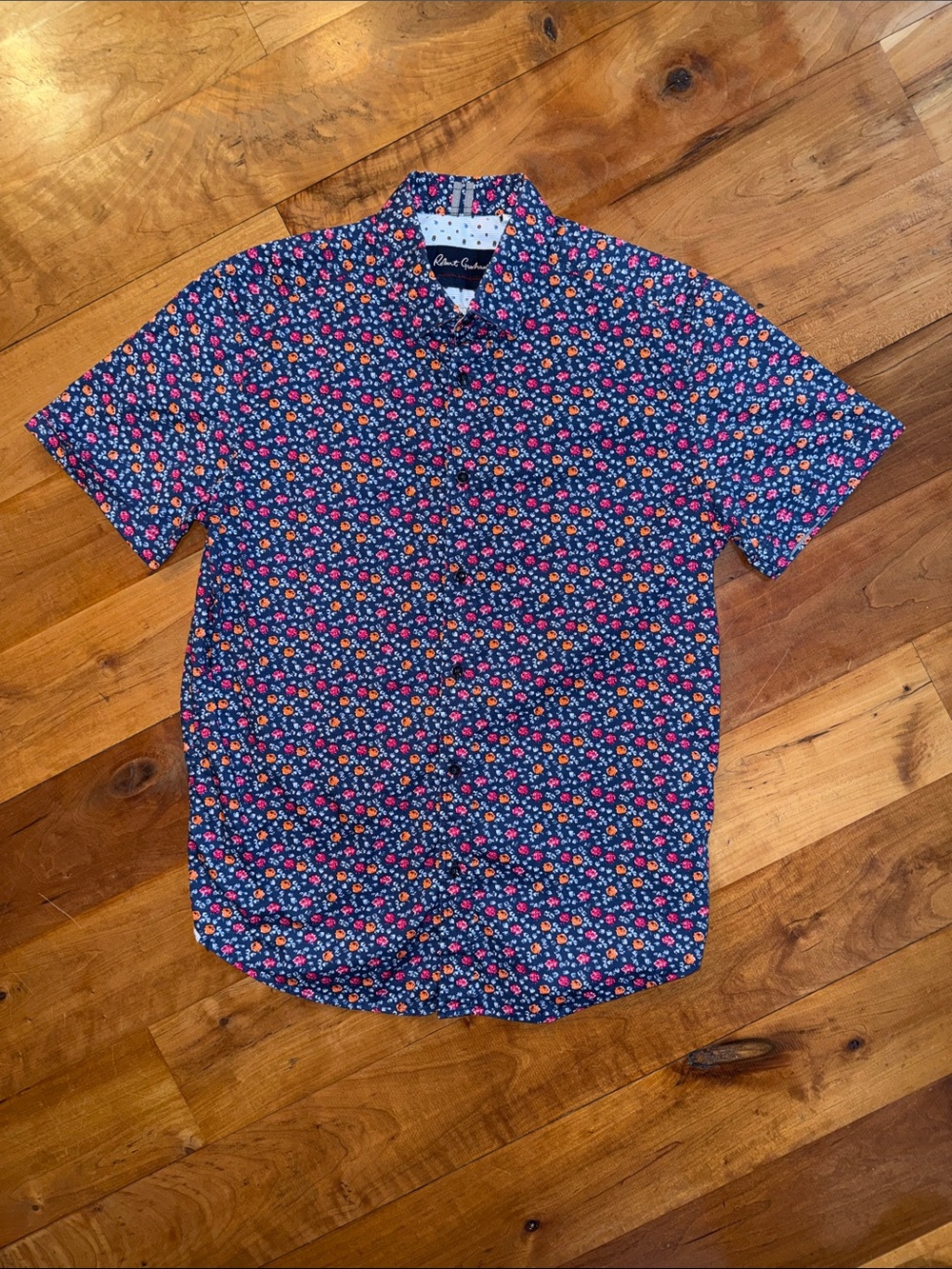 Robert Graham Navy Short-Sleeve Floral Button-Down with Red & Pink Flowers